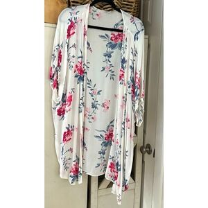 Moral Fiber Women's Floral Open Front 3/4 Sleeve Kimono, White Pink Blue, L